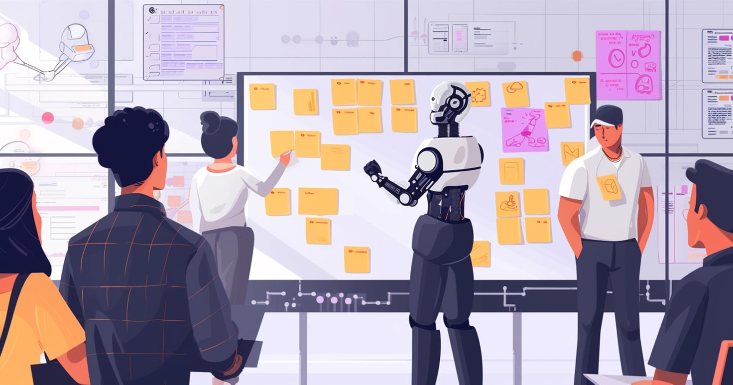 How AI Will Reshape Agile Development – illustration of an android running a meeting
